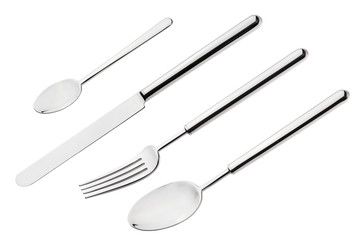 New cutlery set - spoon, fork and knife flatware, isolated on wh
