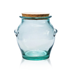 Empty glass jar with cork stopper isolated on white.