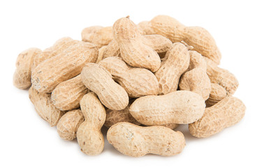 Heap of dried peanut isolated on white background