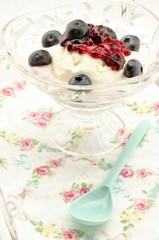 Helado con crema de yogur,mermelada y arandanos