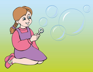 Vector illustration. The girl inflates soap bubbles