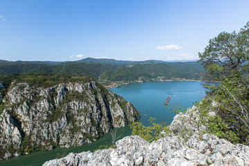 Danube Gorges  seen from the Serbian side with a floating ship
