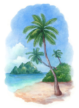 Watercolor illustration of the tropical beach