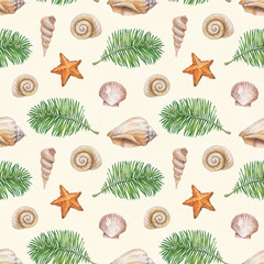 Artistic seamless pattern with watercolor shells