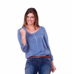 Obraz premium Lovely hispanic woman celebrating her victory
