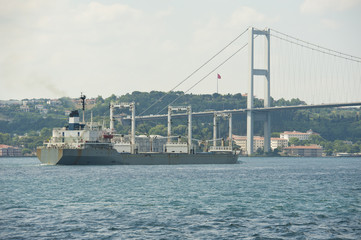 Large ship under a suspension bridge on river