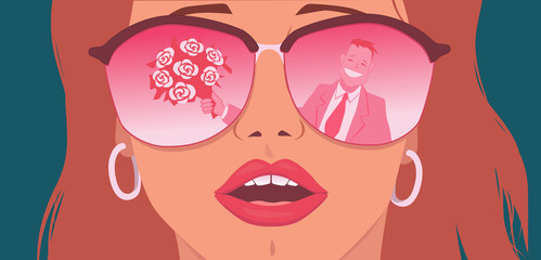 Woman looking at man through rose-colored glasses