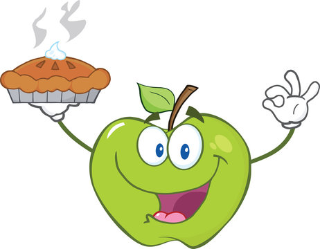 Happy Green Apple Character Holding Up A Pie