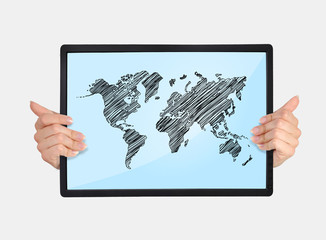 tablet with world map