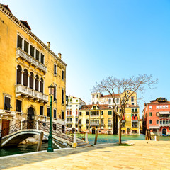 Fototapeta na wymiar Wenecja i Wenecja, most, drzewa i budynki. Włochy.