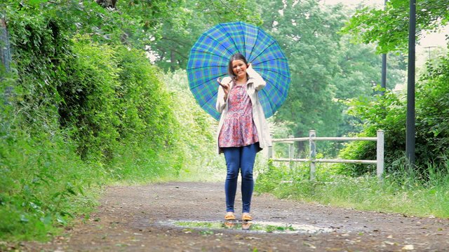 Beautiful woman with umbrella thumb up happy