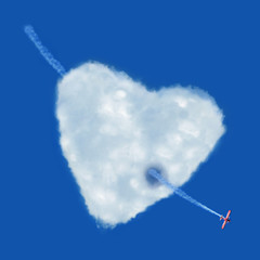 a red plane crossing an heart cloud