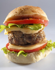 burger in homemade bread with cheese, onion, tomato and lettuce