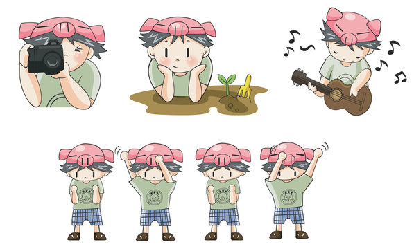Piggy boy cartoon icon in various action set 8