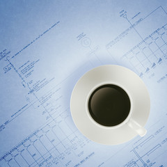 3d coffee cup on engineer blue print