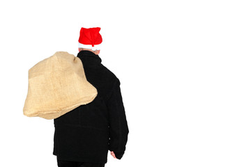 Man with cloth bag runs through the snow