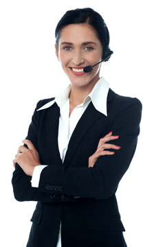Young smiling female customer support staff