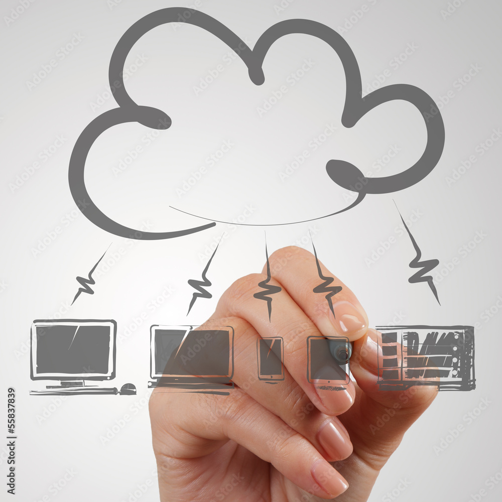 Poster hand draawing cloud computing diagram on the new computer inter