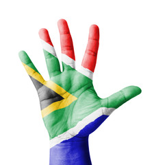 Open hand raised, South Africa flag painted