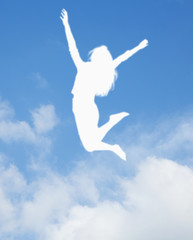 Naklejka premium Silhouette of young woman jumping and cheering, arms in the air