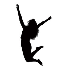 Silhouette of businesswoman jumping, mid-air.