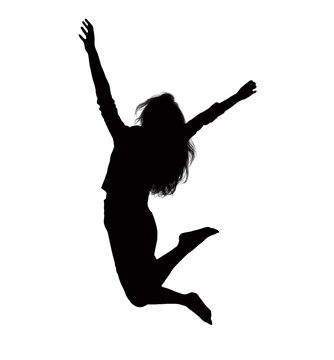 recommend clip art: Silhouette of businesswoman jumping, mid-air.