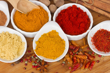 colorful plates of spices on wooden table