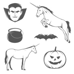 Set of vintage halloween characters and design elements