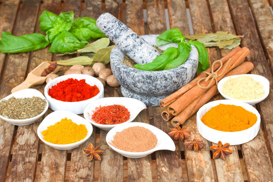 colorful mix of spices on wooden table