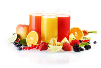 Fresh fruit with glasses of juice