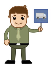 Cartoon Business Character - Man Showing Truck and Vehicle Sign