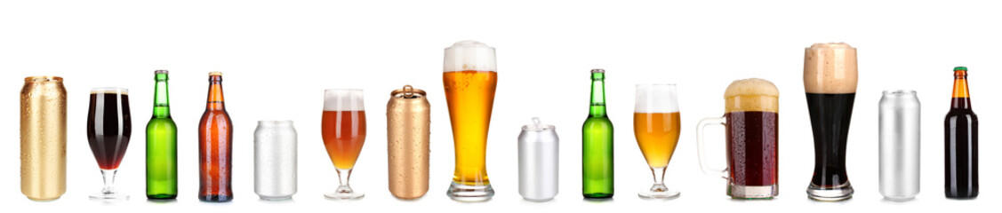 Lots of beer in different containers isolated on white