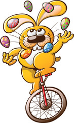 Yellow rabbit juggling Easter eggs and riding an unicycle