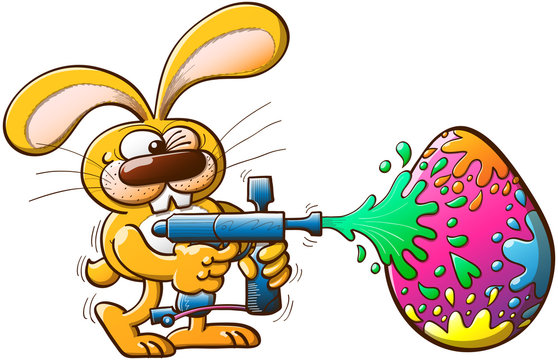 Easter Bunny decorating his egg by shooting colors with a gun