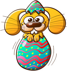 Bunny being born from an Easter egg by breaking the eggshell