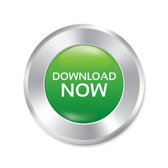 Download now button. Vector green round sticker.