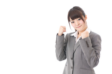 young businesswoman cheering on white background