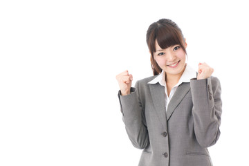 young businesswoman cheering on white background