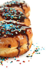 Tasty donuts with chocolate, isolated on white