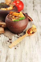 Homemade beef stir fry with vegetables in pots