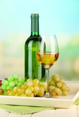 Fototapeta na wymiar Wine bottle and glass of wine on tray, on bright background