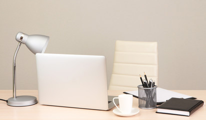 Office workplace with computer, close up