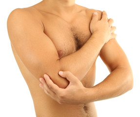 Fototapeta premium Young man with hand pain, isolated on white