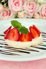 Tasty meringue cake with berries, close up