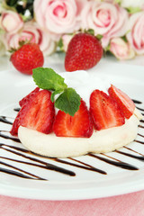 Tasty meringue cake with berries, close up