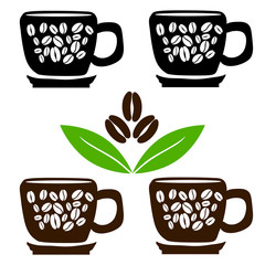 Cups of coffee with beans and leaves