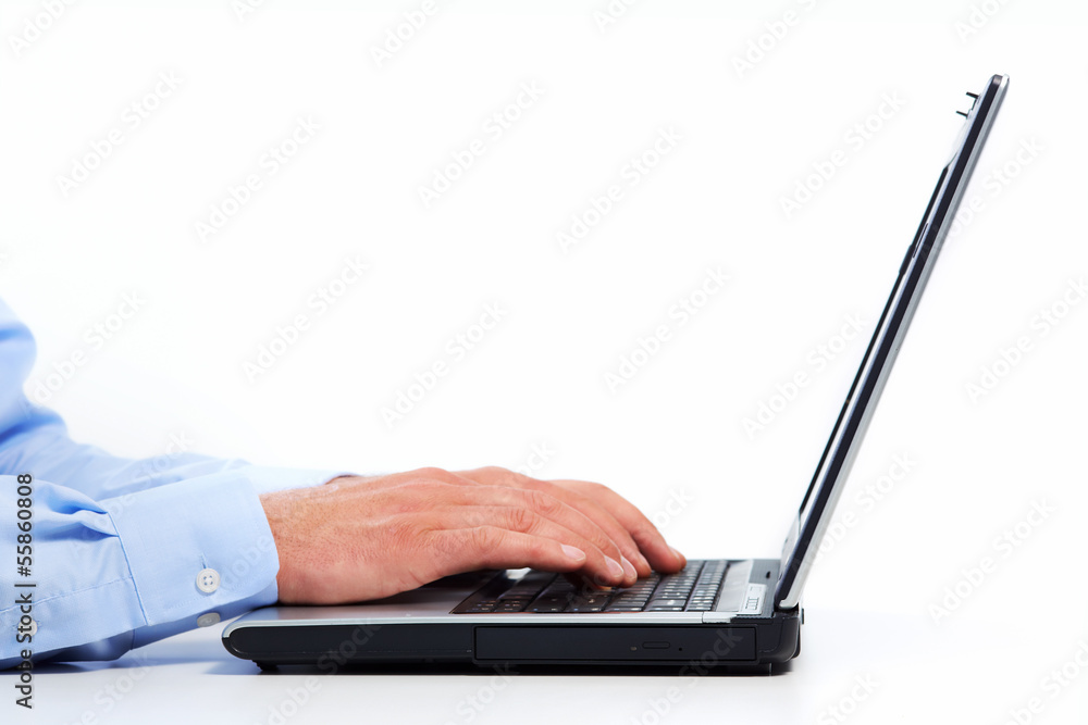 Aufkleber hands with laptop computer.