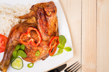 Roast chicken with fresh herbs and rice - background