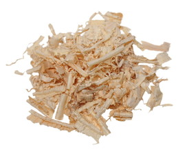 Pile wood shavings background isolated on white