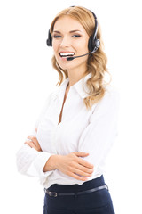 Support phone operator in headset, isolated